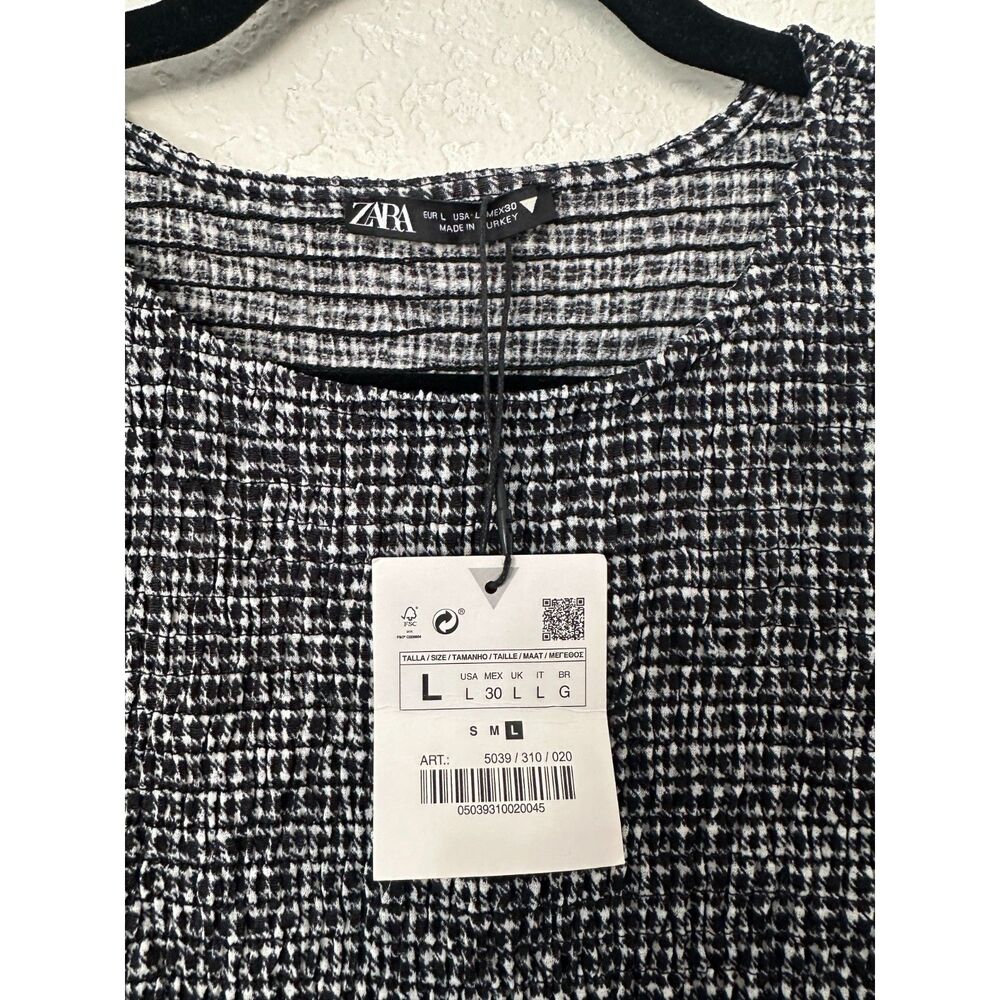 ZARA Smocked Gingham Black White Midi Dress NWT Size Large - Picture 6 of 8